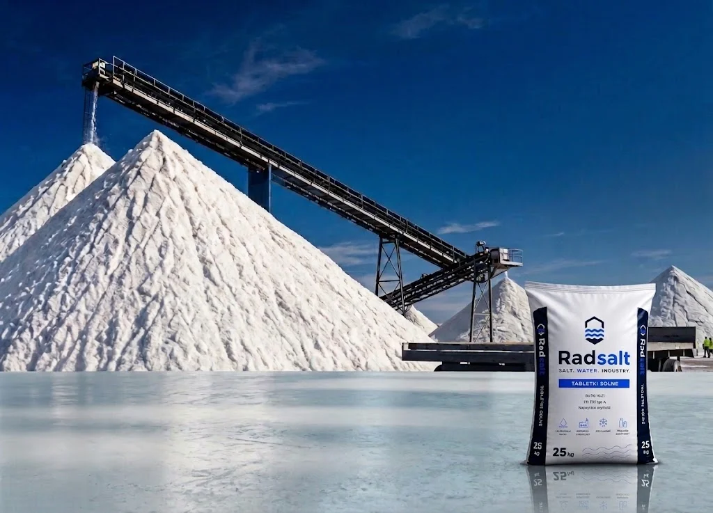 Radsalt 25 kg bag in front of salt piles and the plant