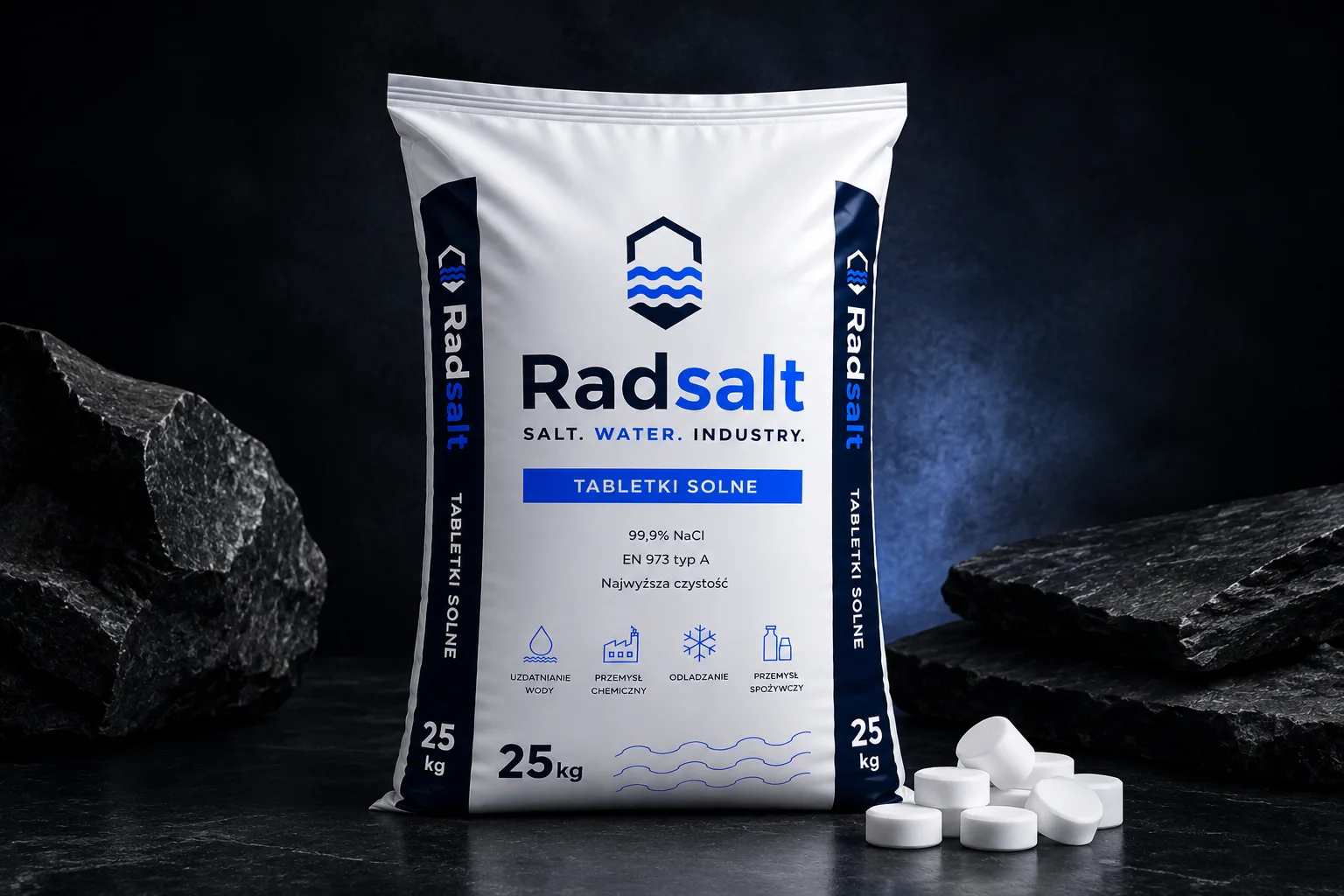 Radsalt 25 kg bag of salt tablets with tablets beside it